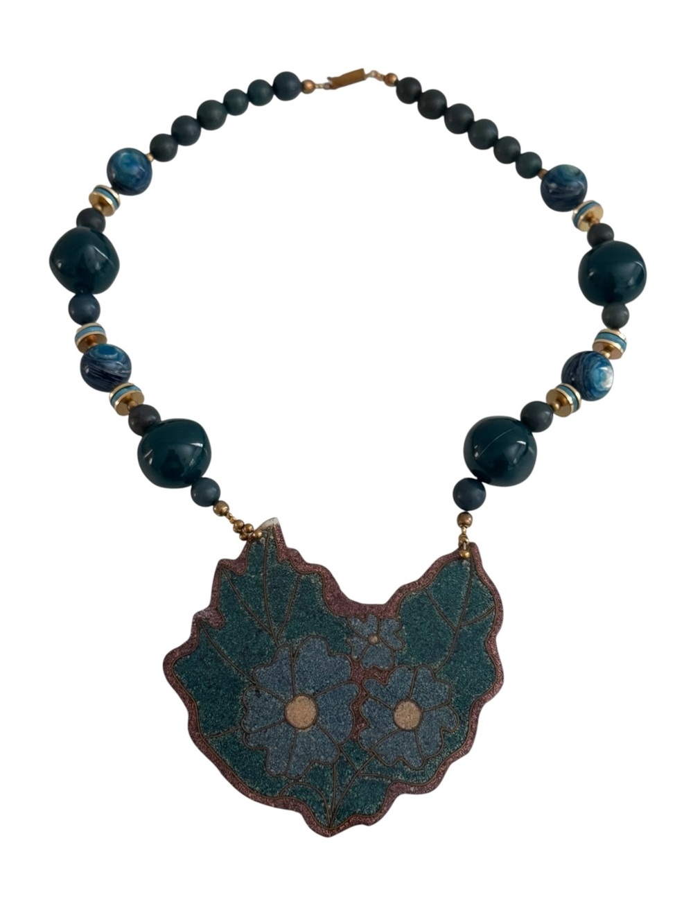 Vintage Blue Green Floral Statement Necklace Oversized Pendant Beaded Boho